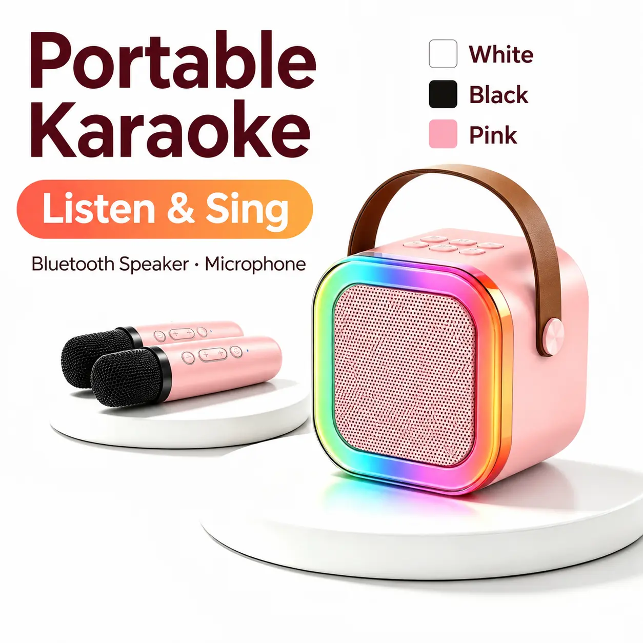 Wireless Karaoke Machine with 2 Mics, Portable Bluetooth Speaker with Colorful RGB Lights, Echo Control, TF Card, USB & AUX Input for Kids, Adults, Family Entertainment & Birthday Parties