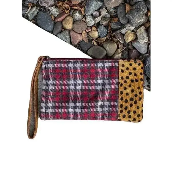 Cheetah & Plaid Wristlet - Red and Black Checkered Design, Zipper Closure, Brown Strap, Versatile Accessory for Everyday Use
