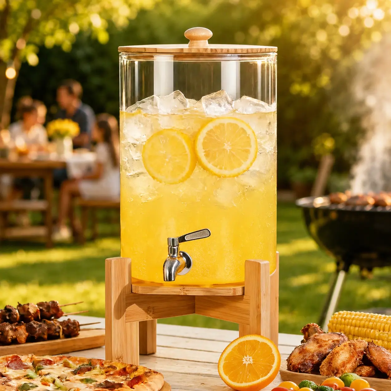 2.2 Gal Glass Beverage Dispenser with Wood Stand - Stainless Steel Spigot Home Supplies Storage Jar for Juice, Lemonade