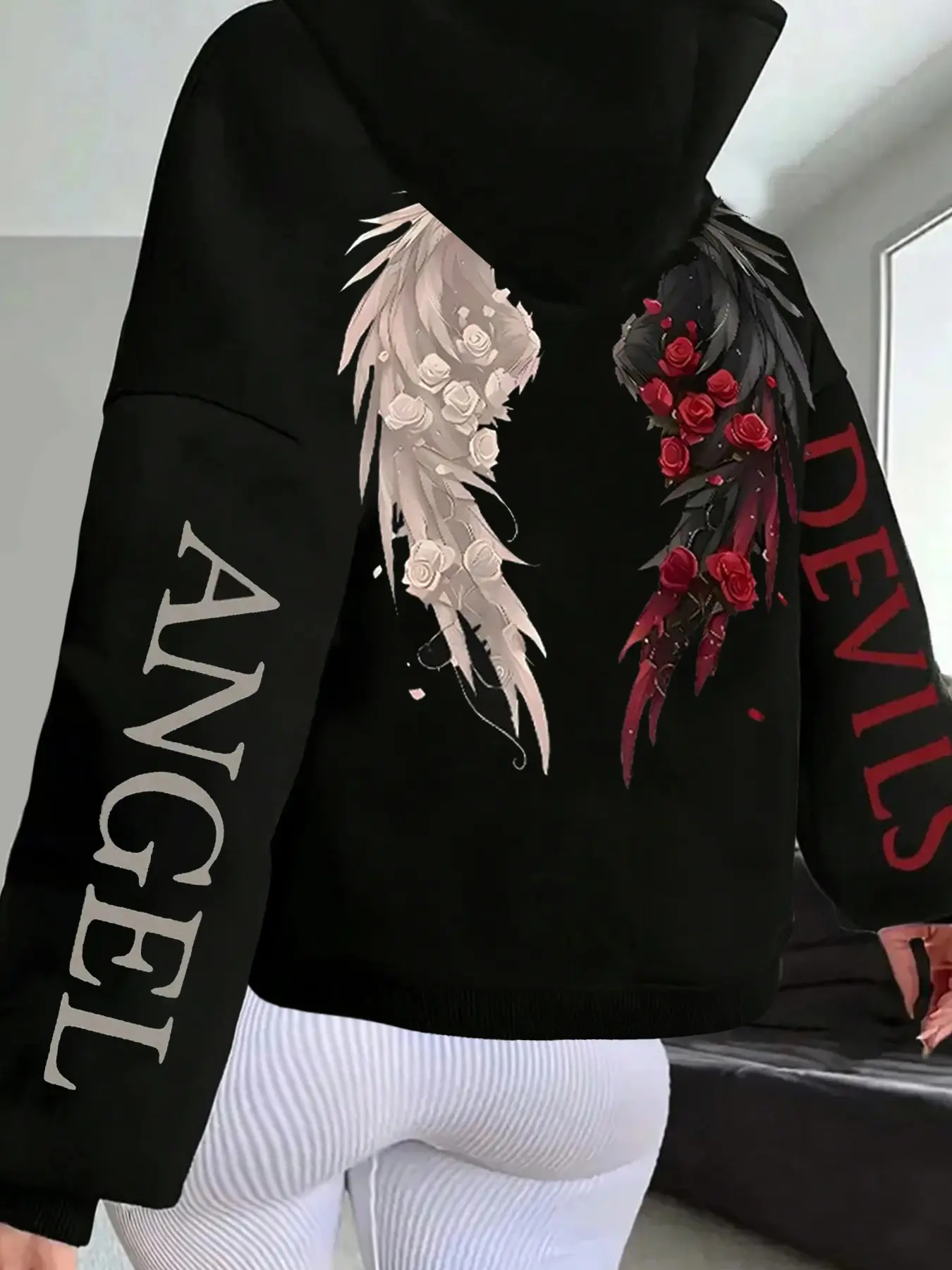 Women's Fall Winter Hoodie Sweatshirts Tops with Angel Devil Wings Graphic Back Print, Casual Streetwear, Aesthetic, Fitted Design, Warm Daily Wear, Womenswear