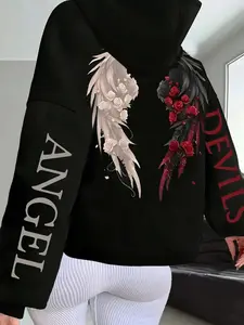 Women's Fall Winter Hoodie Sweatshirts with Angel Devil Wings Graphic Back Print, Casual Streetwear, Fitted Design, Warm Daily Wear