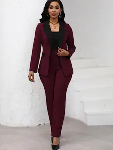 Women's Colorblock Blazer & Straight Leg Pants Set, Elegant Two-piece Set for Work Office Business, Ladies' Suits for All Seasons