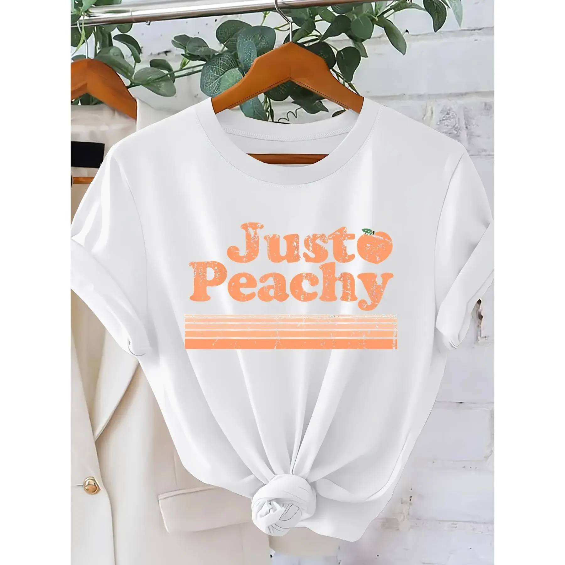 “Just Peachy” vintage distressed peach print women’s T-shirt | American retro style, crew neck, short sleeves | Fresh and sweet casual cute top | 2026 spring–summer vacation style clothing | Elegant party vintage daily commuting women’s wear