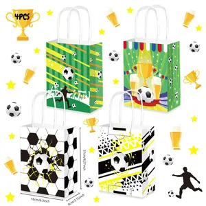 12 PCS Soccer Theme Party Kraft Paper Bags – Soccer Print Gift Bags with Handles for Sports Game Birthday Party Snack Bags