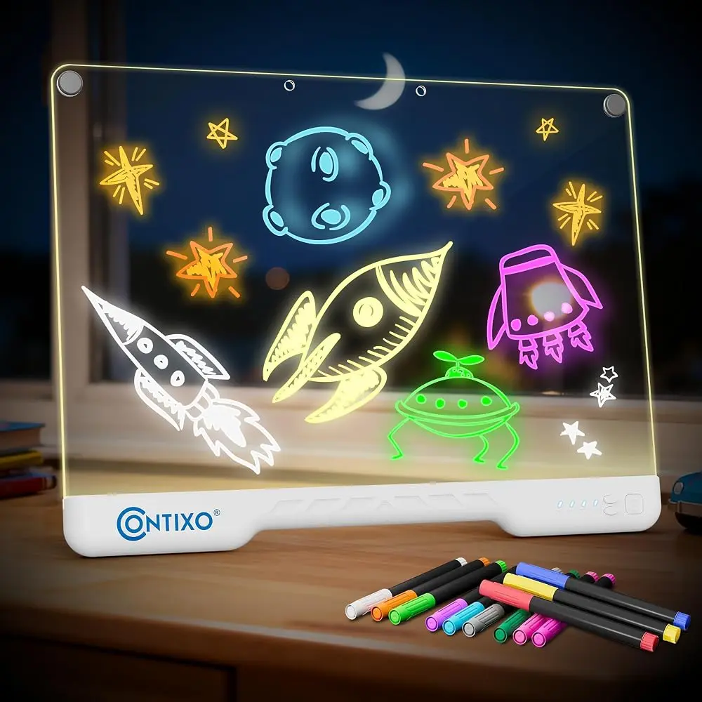 Contixo 16" Artistic Kids LED Drawing Board for 6-8 Years, 10 Light Modes, Built-In Stand, Tracing Book, Neon Glow Dry Erase Sketch Pad, Unisex