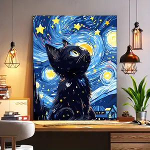 DIY Adult painting Digital - Starry Cat Canvas Art Set, Crystal Painting Set, with brushes and paint, wooden frame wall decoration handicrafts, ideal gift for birthdays, Father's Day, Christmas and Mother's Day