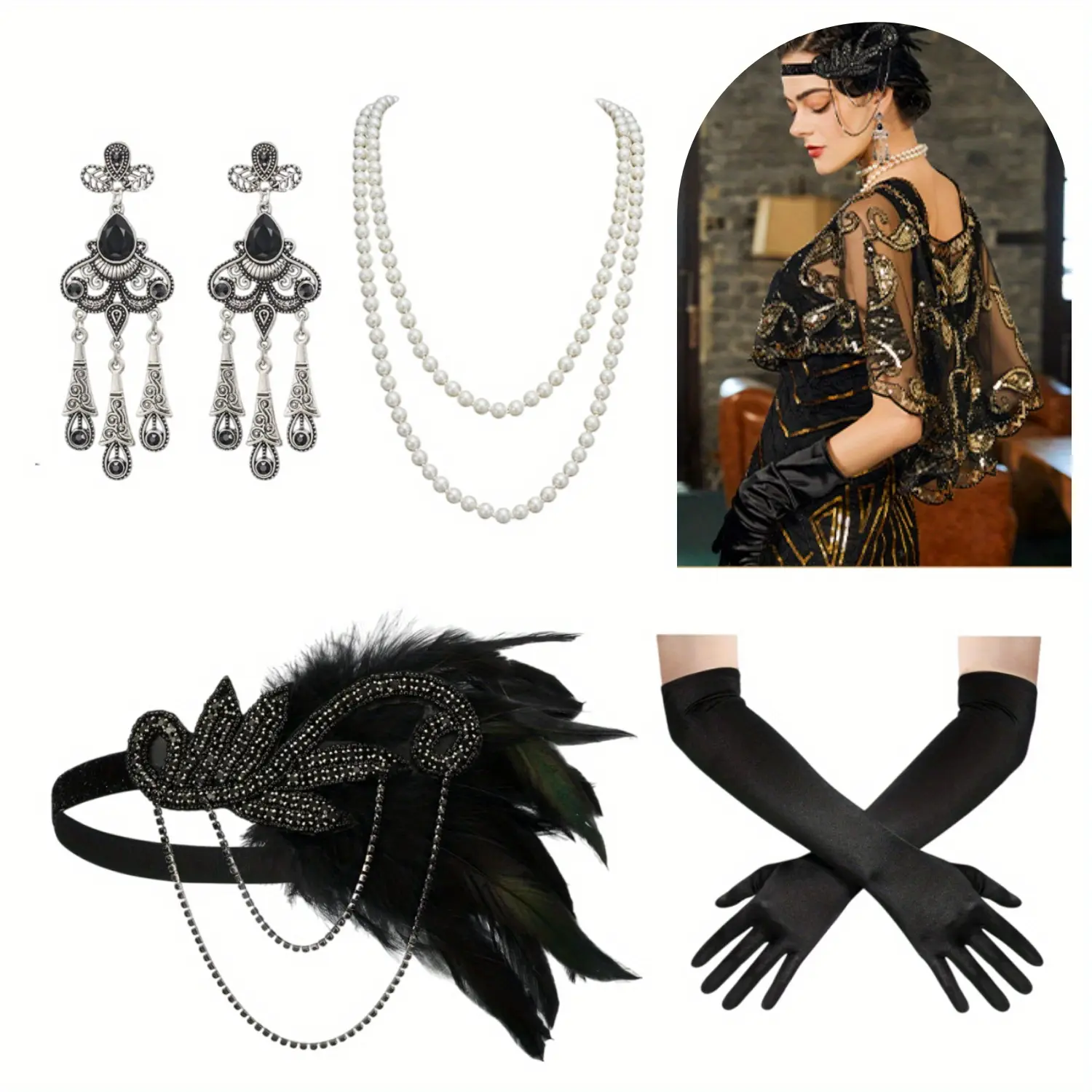Women's 1920s Flapper Accessories Set, Vintage Great Gatsby Costume with Feather Headpiece Stretch Band, Highly Stretchy Satin Gloves, Holder & Wrap Neck Faux Pearl Necklace, Long Gloves, 4Pcs/Set, Free Size, Party, Halloween, Fits, Earring, Elastic, 1920