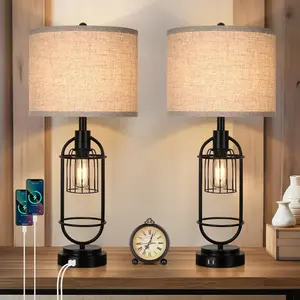 Set of 2 Table Lamps for Living Room with USB Ports, 29" Tall 2-Light Bedside Lamps, Farmhouse Nightstand Lamp with Cream Fabric Shade, Industrial Desk Lamp for Bedroom End Table Reading Lamp E26 Base