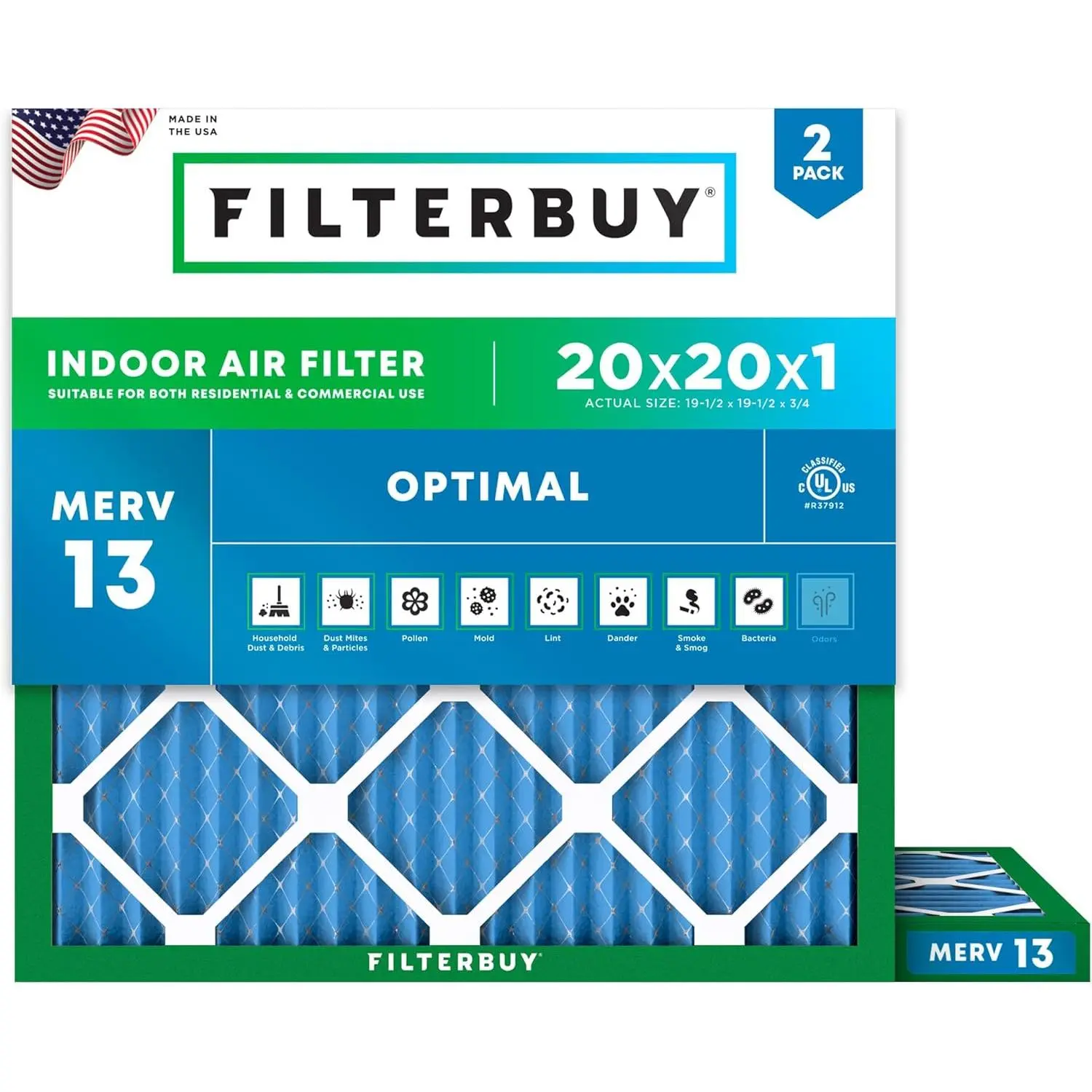 Filterbuy 20x20x1 Synthetic Replacement HVAC AC Furnace Air Filter (2-Pack), Pleated MERV 13 Optimal Defense (Actual Size: 19.50x19.50x0.75 In)