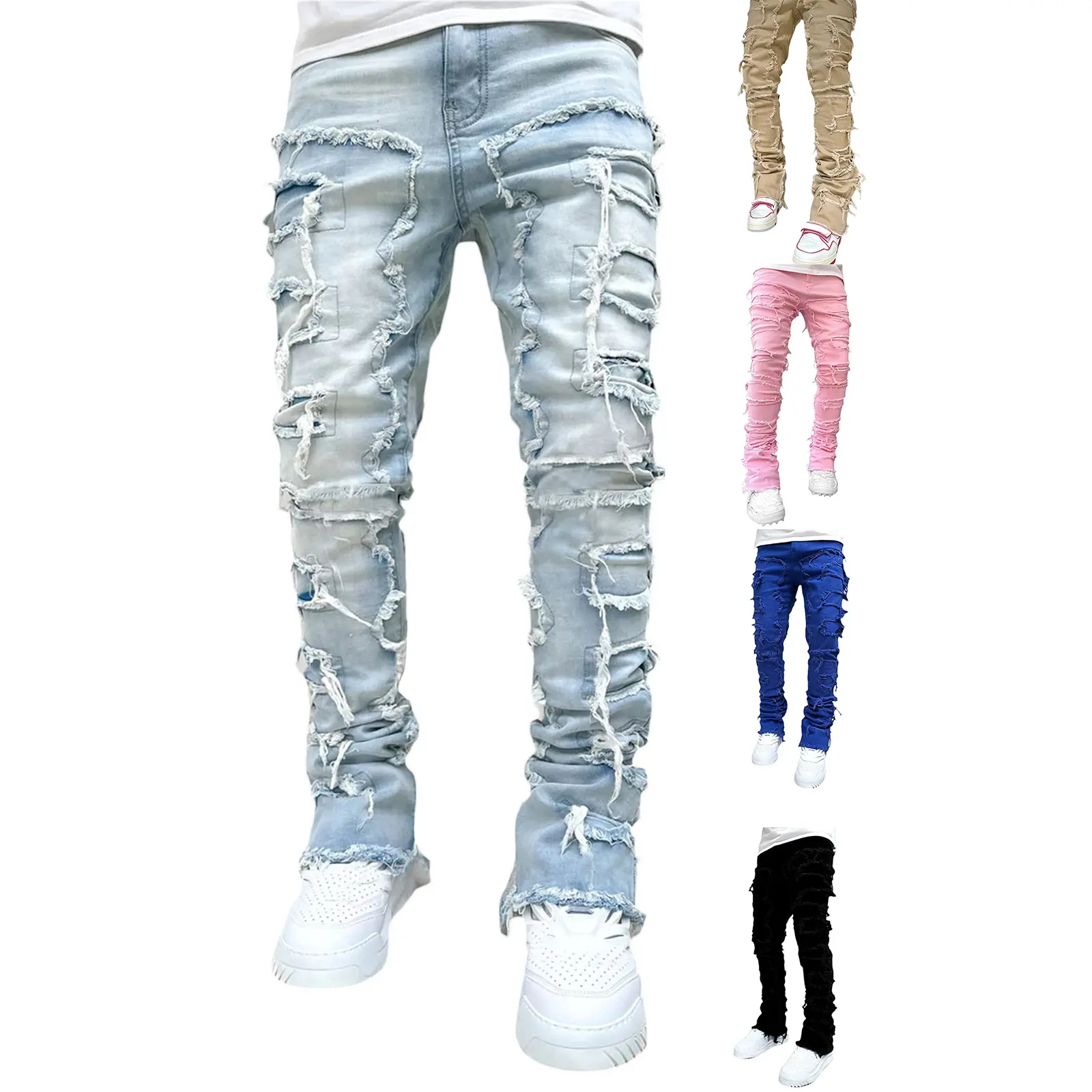 Men’s light-wash stacked flare jeans with heavy frayed patches