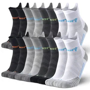 Mqamex Unisex Sports Running Socks (4-Pair, Size 9-12) – Mid-Calf All-Seasons Socks with Arch Support, Moisture-Wicking, Breathable Towel Bottom Cushioning, Shock Absorption for Hiking, Fitness (Black, White, Gray Geometric Designs)