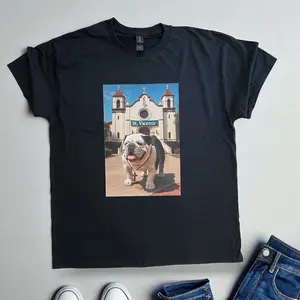 St. Vicente Rosary T-shirt - Black Tee with Bulldog and Church Design - Casual Style