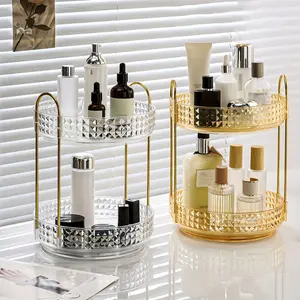 1pc 360-Degree Rotating Cosmetic & Jewelry Organizer - 2-Tier Pink Plastic Vanity Tray with -Lattice Design, Insert-Mounted Bathroom Countertop Decor, Perfume Skincare Storage, Valentine's Gift Boxes White