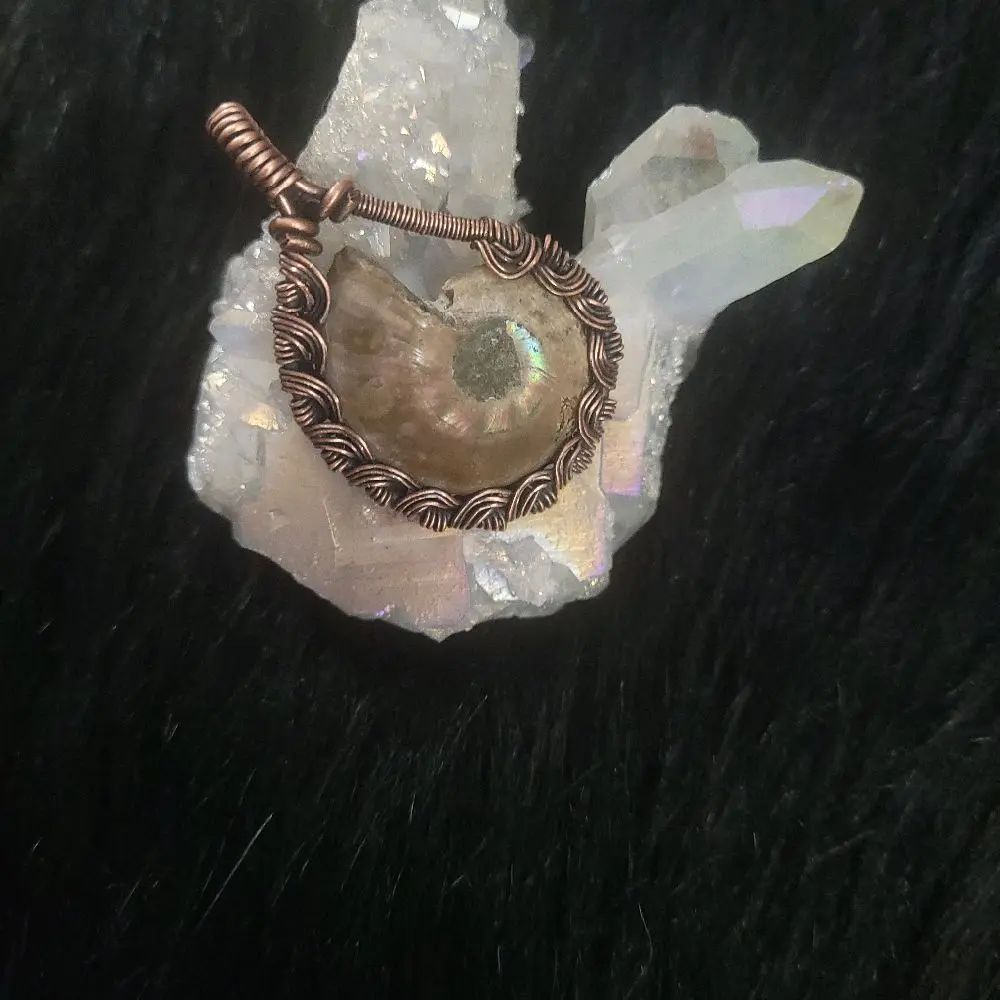 Ammonite Pendant with Copper Wire Frame and Shell Design, Handcrafted Jewelry for Women, Unique Gift Idea
