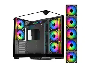 DIYPC  ARGB-DC800-BK Black Dual USB3.0 and Type C Tempered Glass ATX Mid Tower Gaming Computer Case w/ 5 x ARGB PWM Fans (3 x MB Side, 2 x Rear) Pre-Installed. Support BTF Back Plug MB