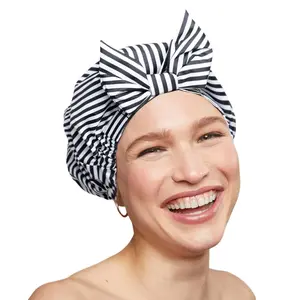 Kitsch Luxury Shower Cap - Stripe Black & White Non-Slip Silicone Grip Waterproof Rapid Drying Home Goods