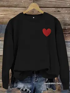 Women's Casual Heart Pattern Pullover Sweater, Soft Long Sleeve Round Neck Sweatshirt, Comfortable Daily Wear