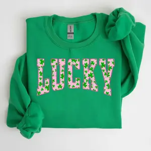 Lucky Clover sweatshirt with green shamrock design, perfect for St. Patrick’s Day, a cute Irish holiday sweatshirt combining festive style and cozy comfort.
