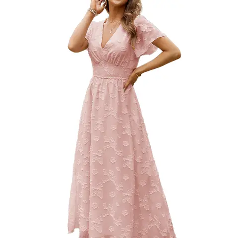 BerryGo Women's Printed Formal Bridesmaid Dress - Chic High-Waisted Elastic, Sexy Boho Floral, Flowy V-Neck Long-Sleeve Ruffle, Long Dresses for Women with Necklace