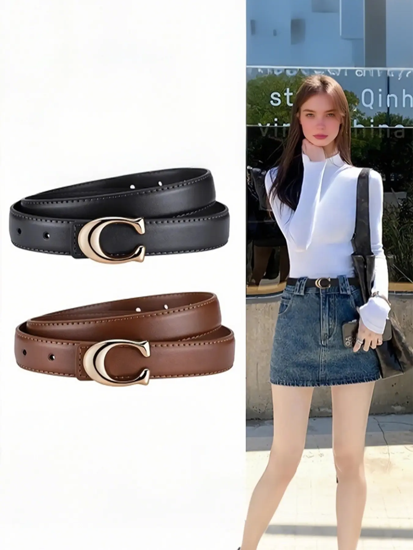 2pcs Women's New Fashion Belt, C-Shaped Alloy Buckle Design, Casual Thin Waistband, Skinny Belts, Casual Trendy Waistband, Suitable for Jeans, Suits, Dresses, Versatile Fashion Belt