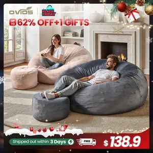 【Jumpstart Sale】Ovios Large 59" W Bean Bag Chair with Ottoman for Adults, Comfy Boneless Round Couch with Foam Filling and Plush Cover, O Shaped Fluffy Sofa Bed for Bedroom College Dorm