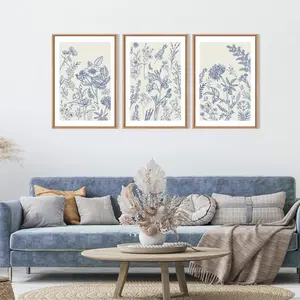 Classic Floral Frame Canvas Wall Art Set, Canvas Painting, Watercolor Blue and Plant Flower Decor, Minimalist Design Wildflower Print for Living Room Bedroom Office