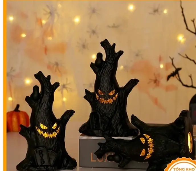 Light Up Spooky Tree Trunk Halloween Decor Combo Pack - Glowing Evil Monster Statue, Tabletop Figurine Set (1 Large, 1 Small) for Home, Outdoor Festive Party Supplies
