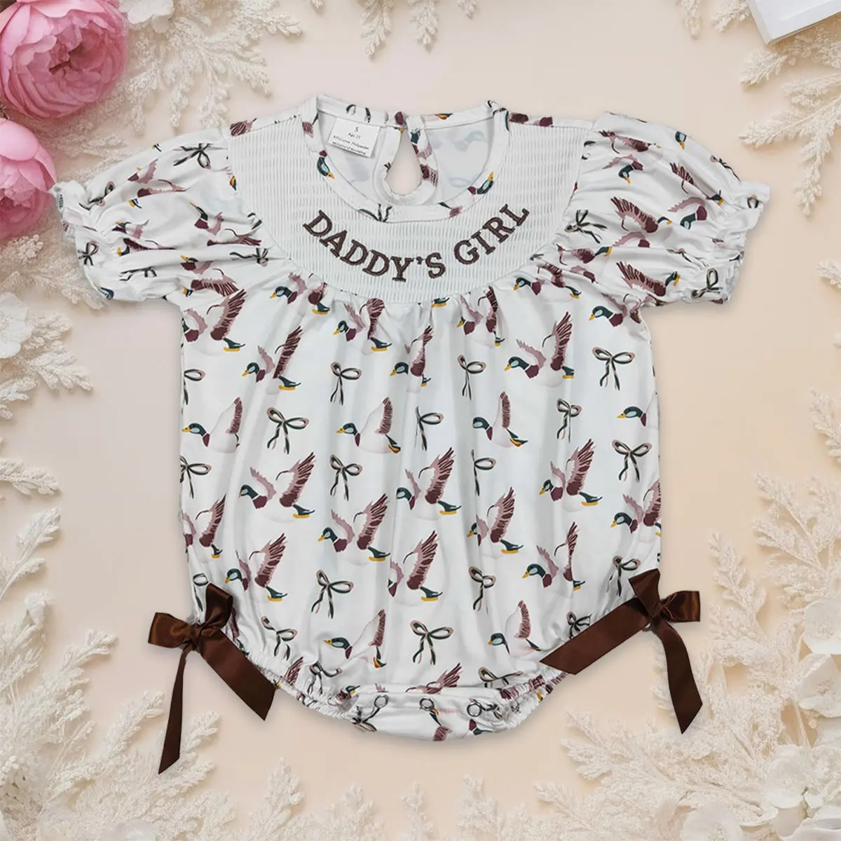 Baby Girl Romper, Smocked Daddy's Girl Duck Print Cotton Blend Outfit with Ruffle Sleeves & Side Bows, Toddler Summer Clothes, Baby Girl Clothes, Elastane