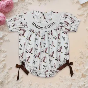 Baby Girl Clothes Cotton Blend Romper - Fitted Cut, Cute Embroidery, Duck Prints, Ruffle Sleeves, Side Bows, Spring Summer Toddler Fashion Outfit