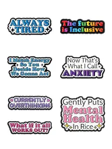 7-Piece Mental Health Word Badges, Colorful Attitude Design, Humorous Short Phrases, Emotion Expression, Vibrant Colors, Daily Wear for Young Adults