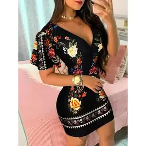 New Summer Elegant Floral Print Bodycon Mini Dress for Women – Sexy Deep V-Neck, Hip-Hugging Design, Square Neckline, Cute Casual Style, Office Lady Party Dress, Fabric Fit, Sleeve Fit