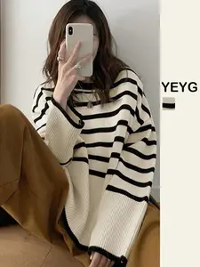 Women’s Ivory Striped Sweater with Round Neck, Casual Loose-Fit Long Sleeve Knitwear for Fall and Winter, Moderate Thickness for Comfort
