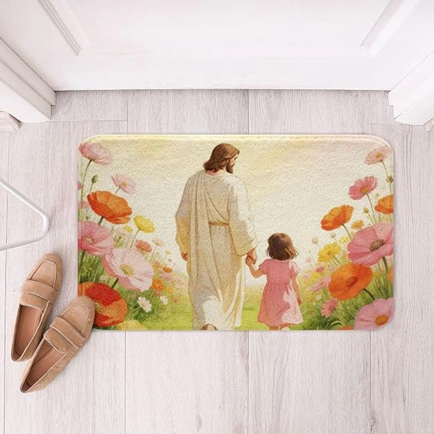 Inspirational Oil Painting Jesus Indoor Non Slip Absorbent Christian Spiritual Flannel Floor Mat for Bedroom Entryway Decorative Home Rug