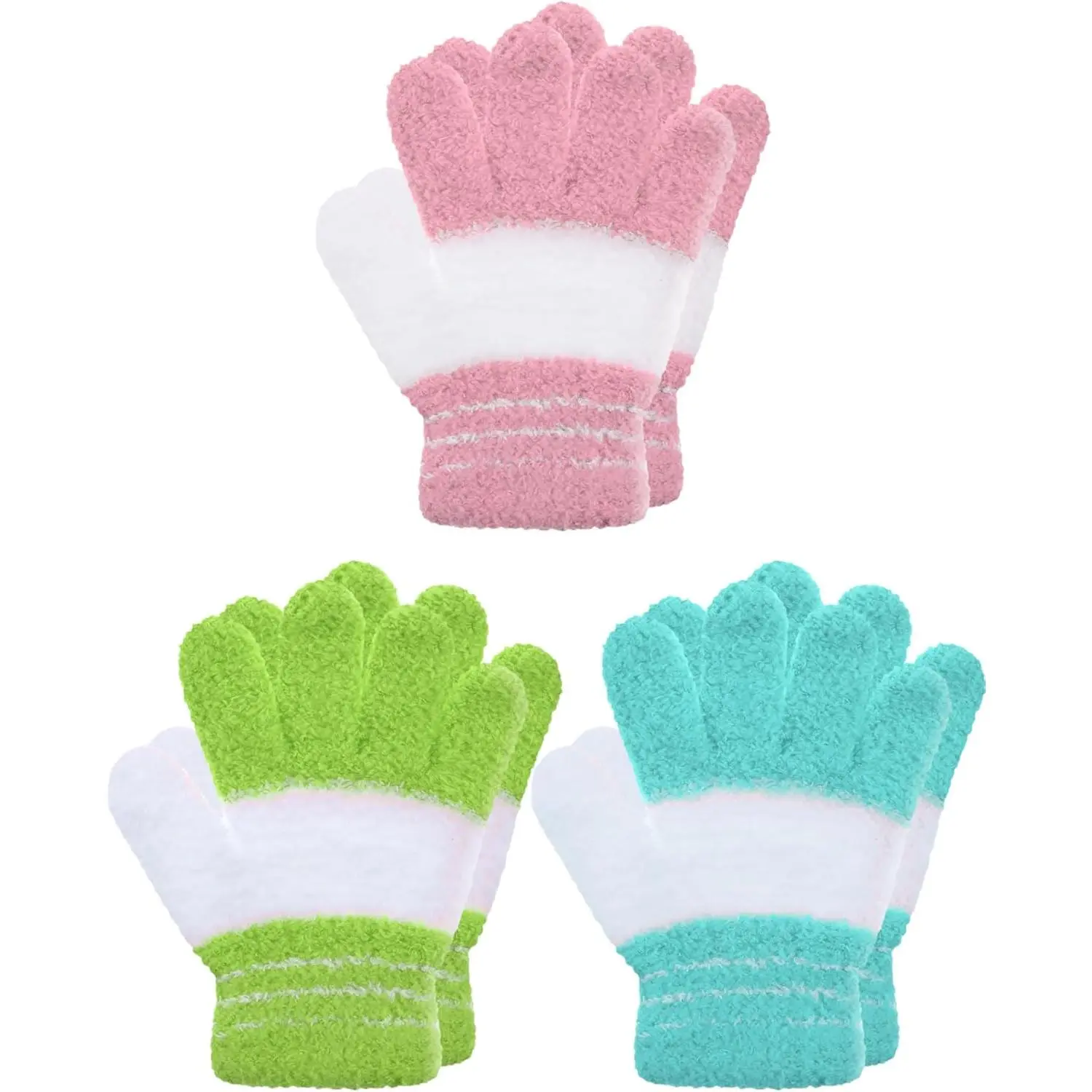 P-GCS019   3 Pairs Kids Winter Knit Gloves Stretchy Full Finger Fluffy Mittens for Toddler Boys Girls 1-11 Years