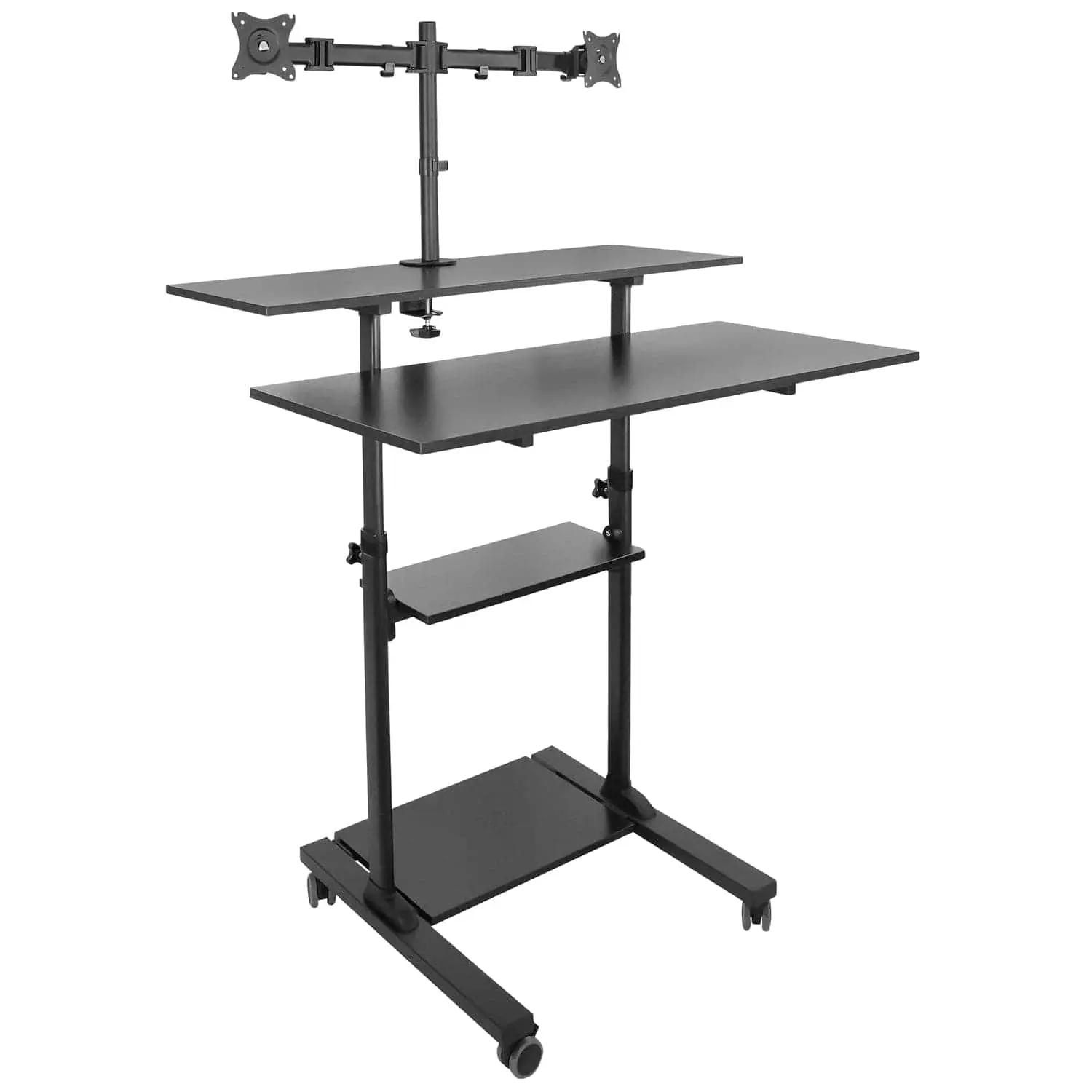 Mount-It! Height-Adjustable Rolling PC Stand Desk & Workstation - Metal Frame, 40" Wide Rectangular Tabletop, 4 Surfaces, Dual Monitor Arms, Shelf, Work From Home All-Seasons Office Furniture for Large Spaces