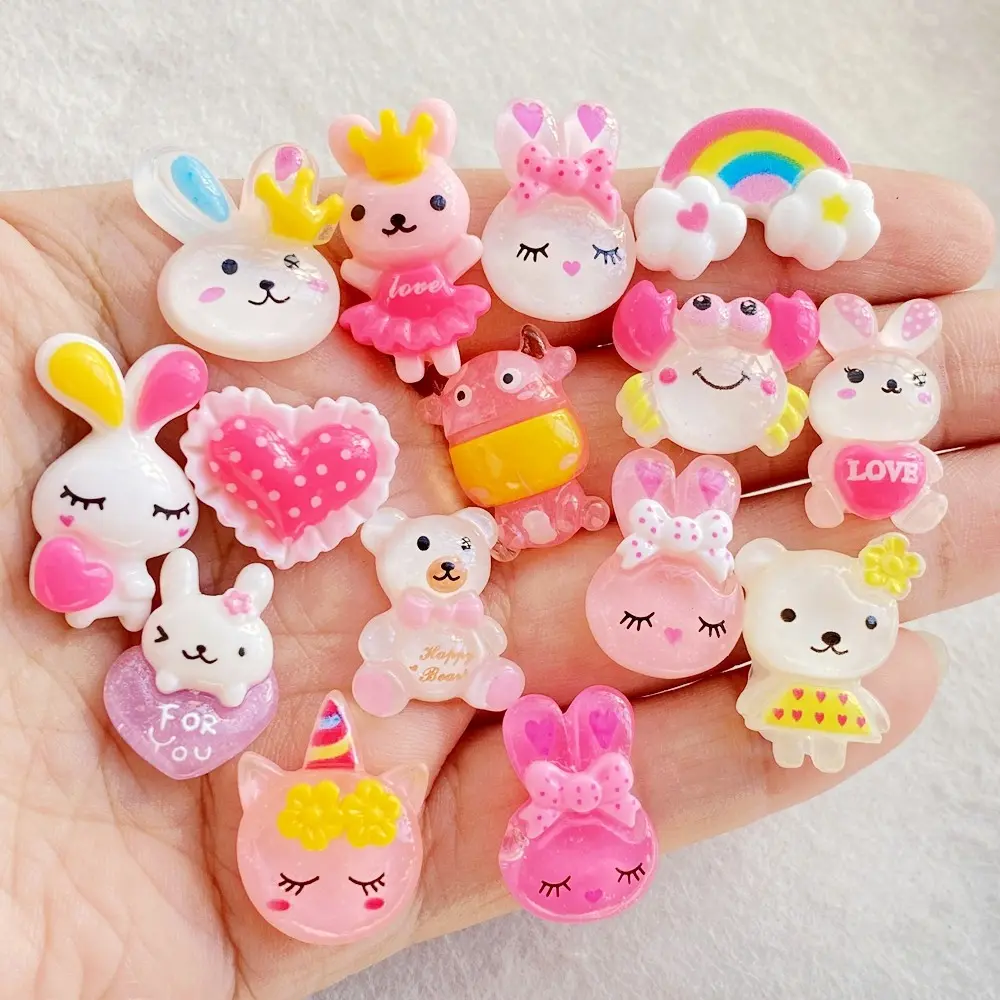46pcs vibrant cartoon rabbits, teddy bears, rainbow resin statues - suitable for Cute Scrapbooking, scrapbook making, DIY jewelry accessories, wedding decoration, and nail art matching
