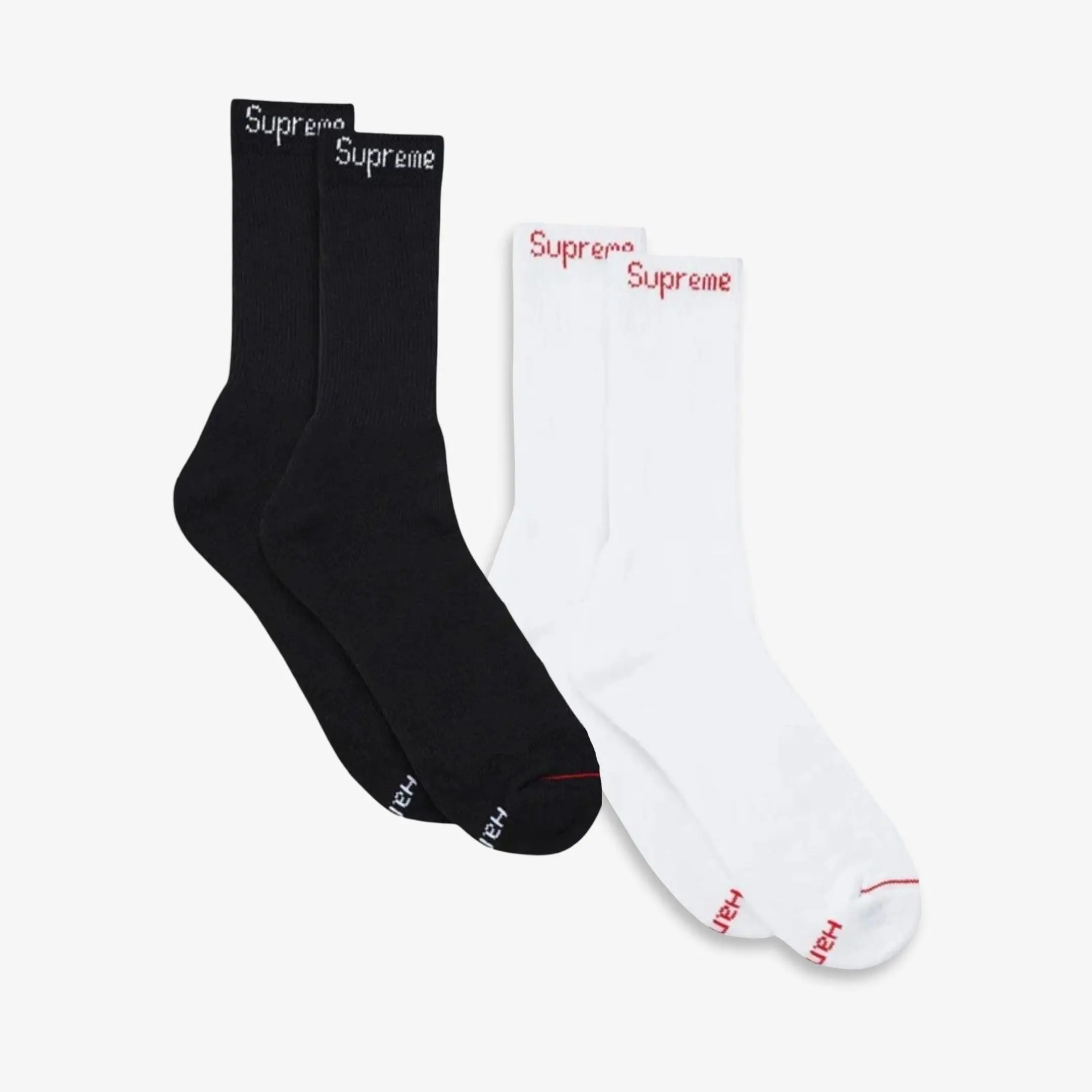 Supreme x Hanes Cushion Crew Socks (1 Single Pair of Each Socks) Black and White