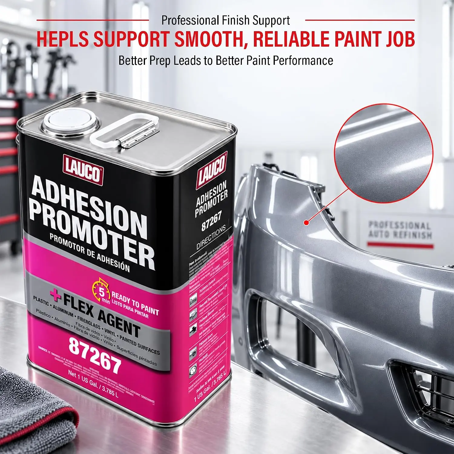 Lauco 1 Gal (3.785 L) Multi-Surface Adhesion Promoter (87267) - Automotive Fast-Drying Agent with Flex Agent, Spray/Wipe Application, for Body Shops, Bumper Repair, Plastic/Metal Surfaces, Bumpers, 1 Us Gal, Ready To Coat, 5 Minutes, Fiberglass