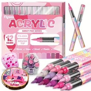 12 Colors Acrylic Paint Markers,Vibrant Color,Soft Brush Tip Water Based, Fine Tip Markers for Wood, Canvas, Rock Painting, Glass, Diy Crafts, Fabric Paint, Art supplies, Acrylic Marker Pens