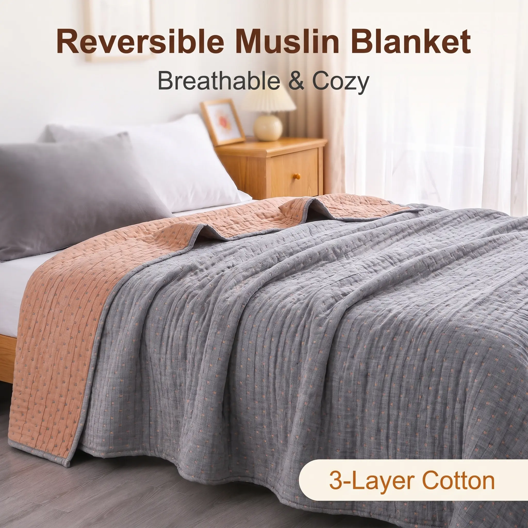 Bedsum 3 Layers Natural Cotton Muslin Jacquard Bed Blanket, Ultra Soft Breathable Reversible Lightweight Cotton Throw, All Season Cozy Year-Round Comfort Quilt for Bedroom Home Decor gift