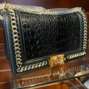 Black Alligator 2PC Handbag Set with Chain Strap Crocodile Embossed Design for Women Pu Leather Shoulder Bag & Matching Wallet