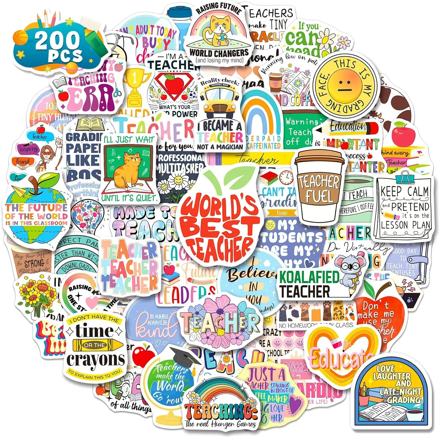 200 count Funny Teacher Stickers for Water Bottle Laptop Notebook, Funny Teacher Appreciation  Bulk,  Educator Quote Vinyl Stickers for Adults