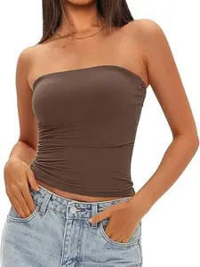 American Style Simple Solid Color Halter Top, High Stretch Slim Fit Strapless Short Shirt, Versatile Denim Jeans Suit Multi-Scene