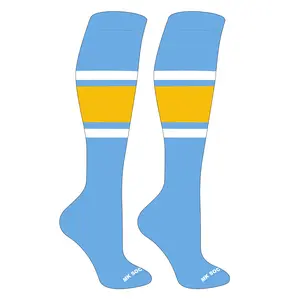 MK Socks Striped Knee High Baseball, Football Socks (B) Columbia Blue, White, Gold