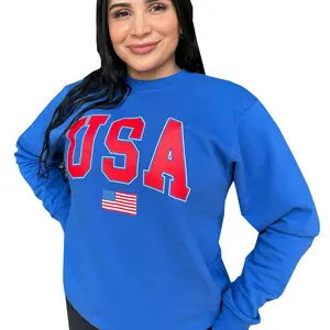 USA Crewneck Fleece - Unisex Royal Blue Patriotic American Flag Tee for Men and Women - Made in USA - Crewneck Long Sleeve - 100% Cotton 4th of July Shirt - Sizes S-XXXL