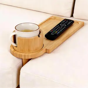 Bamboo Couch Gap Cup Holder Tray, 3-in-1 Removable Anti-Slip Snack Organizer with 360° Rotating Cup Holder, Armrest Table for Sofa/Recliner, Remotes & Phones