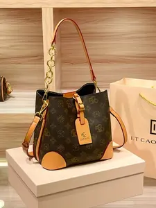 Fashionable Printed Bucket Bag for Women, High-End Versatile Shoulder Bag, PU Leather Bag, Vintage Stylish Crossbody Bag, Ideal for Daily Commuting