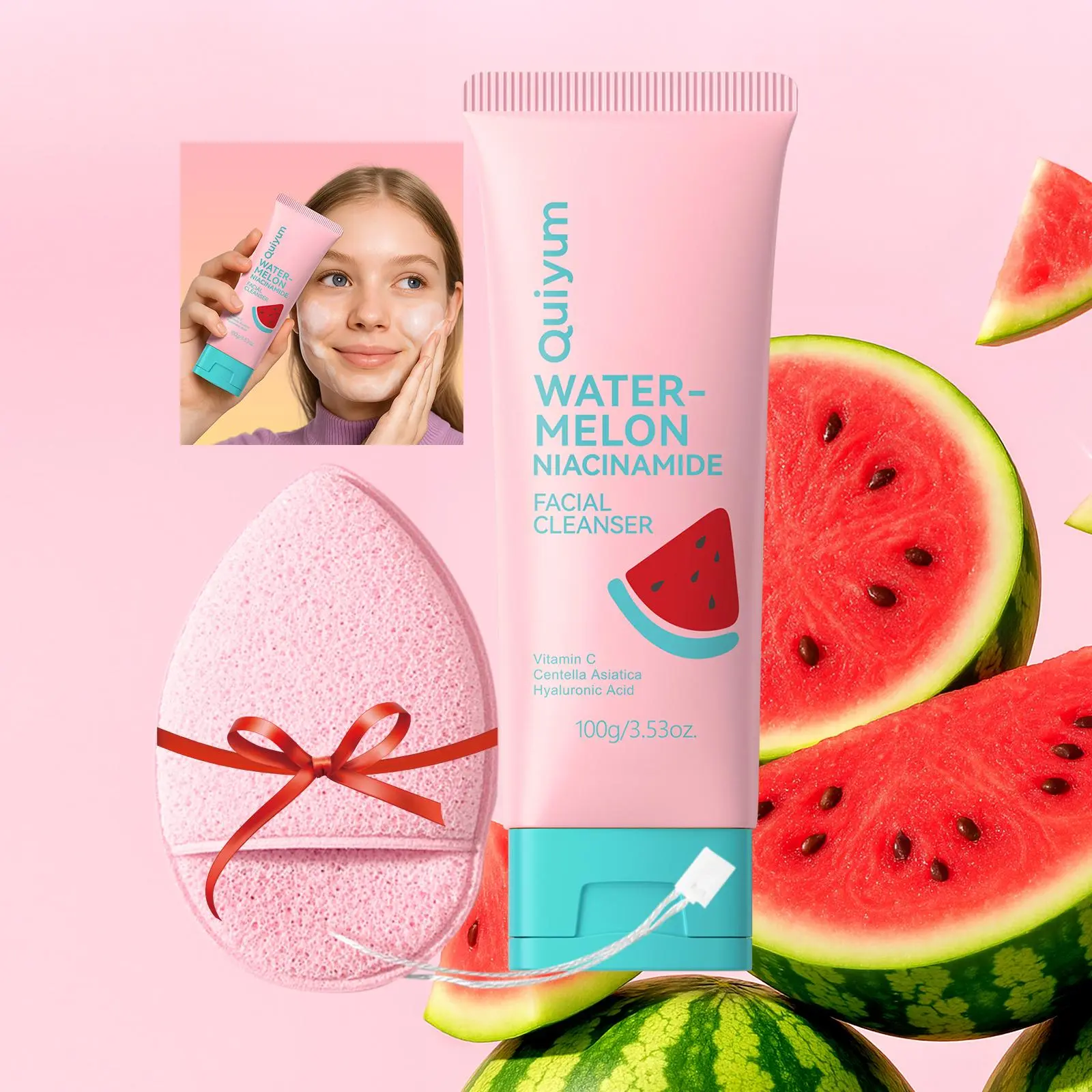 Watermelon Niacinamide Cleansing Foam Facial Wash, Gentle Facial Cleanser with Facial Puff, Facial Skin Care Product for Women & Men