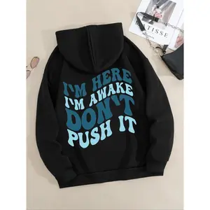 Women's Letter Print Drop Shoulder Drawstring Hoodie, Fashion Casual Kangaroo Pocket Hooded Sweatshirt for Daily Holiday Outdoor Wear, Women Clothes for Fall & Winter