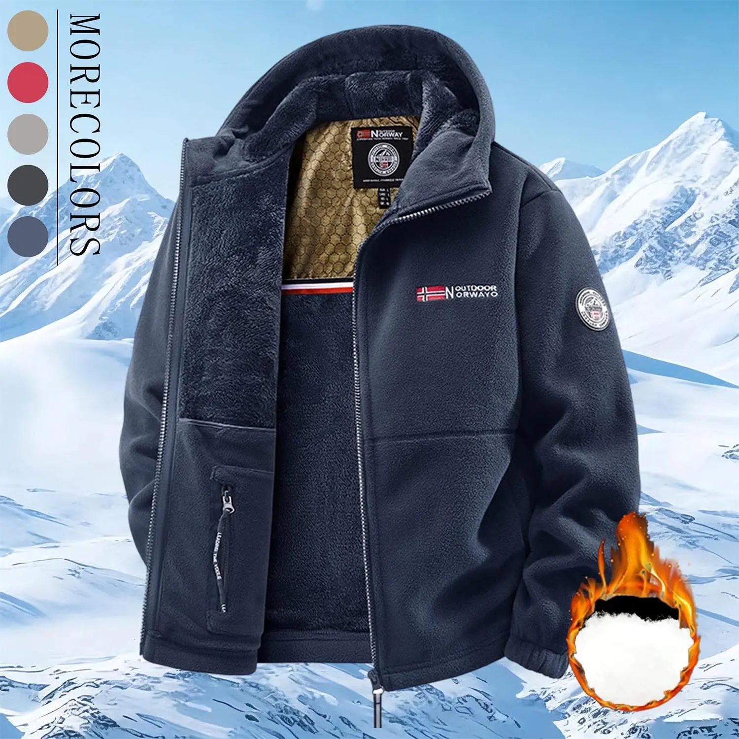 Men’s outdoor fleece jacket for autumn/winter, fleece-lined and thickened, hooded, warm casual versatile outerwear
